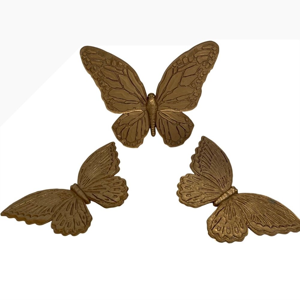 Set Of 3 Vintage Homco Gold-Tone Metal Butterfly Wall Decor Hanging Design Made